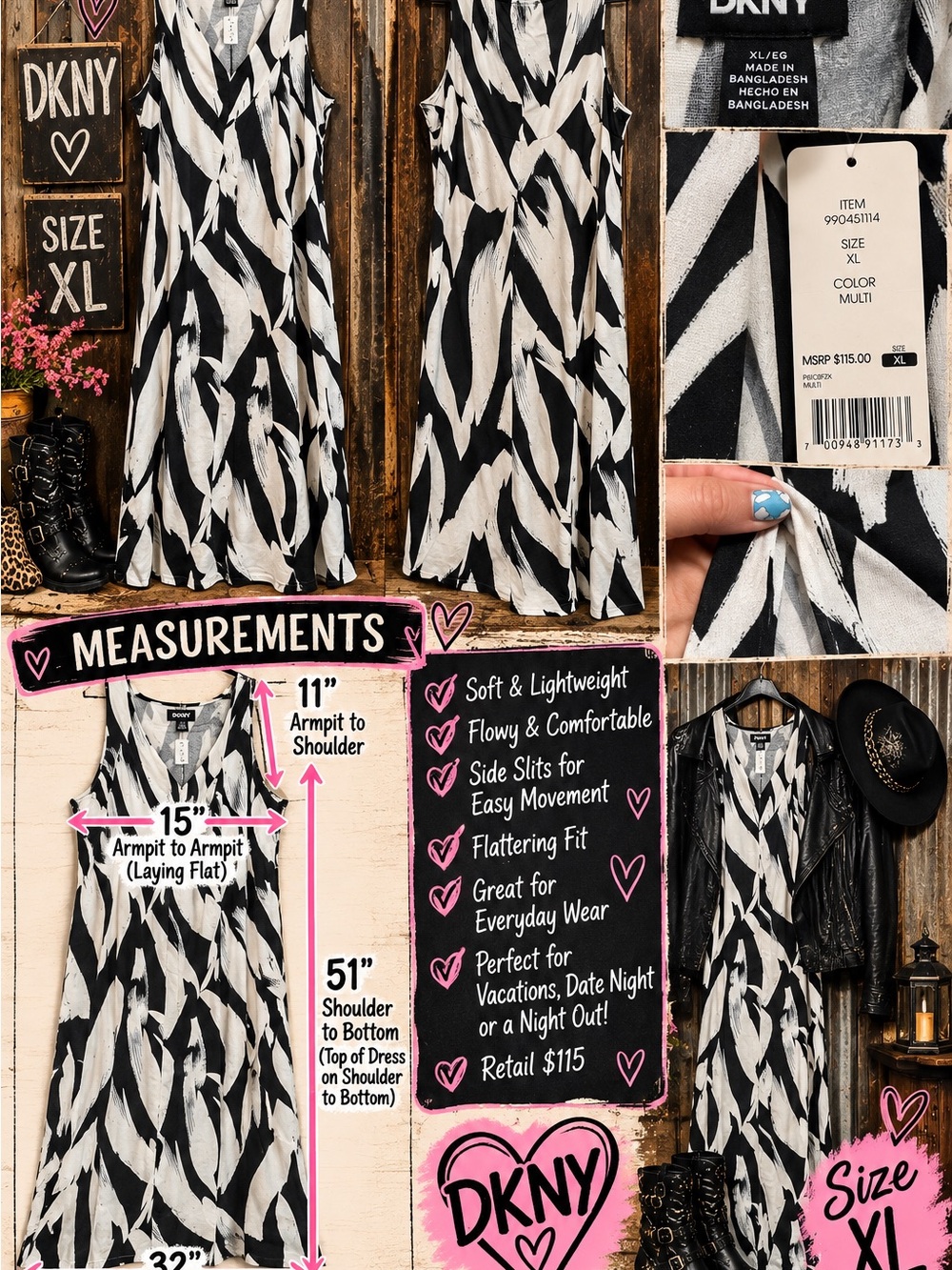 DKNY Black and White Womenโs Maxi dress NWT